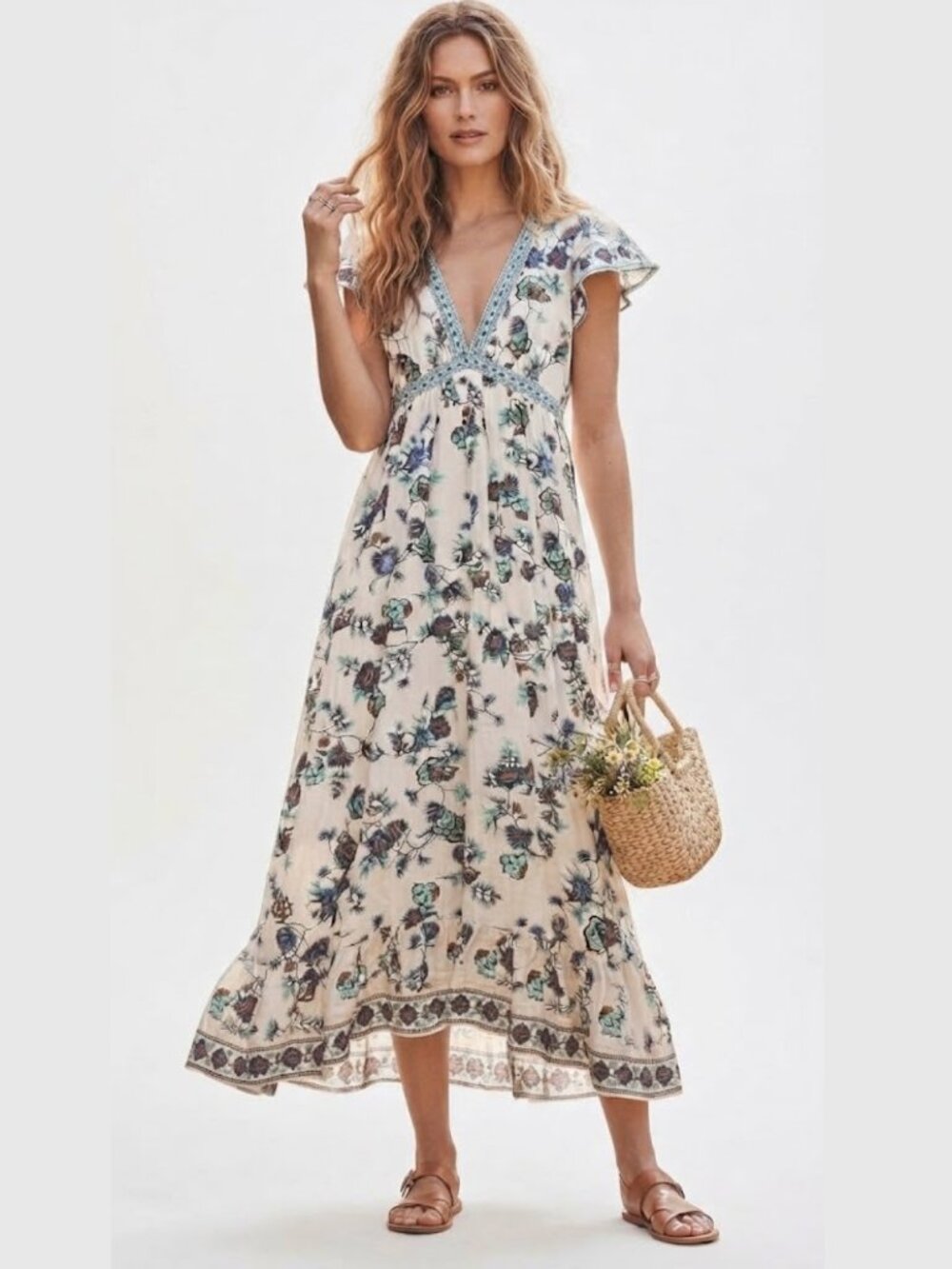 Max Studio London Boho Floral Midi Dress Small Blue White Cottagecore